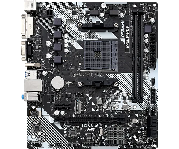 Матплата ASRock B450M-HDV R4.0, AM4, mATX, 2DDR-4, 1xPCI-Ex16, 4SATA, 1xM.2, VGA, DVI, HDMI, 12USB