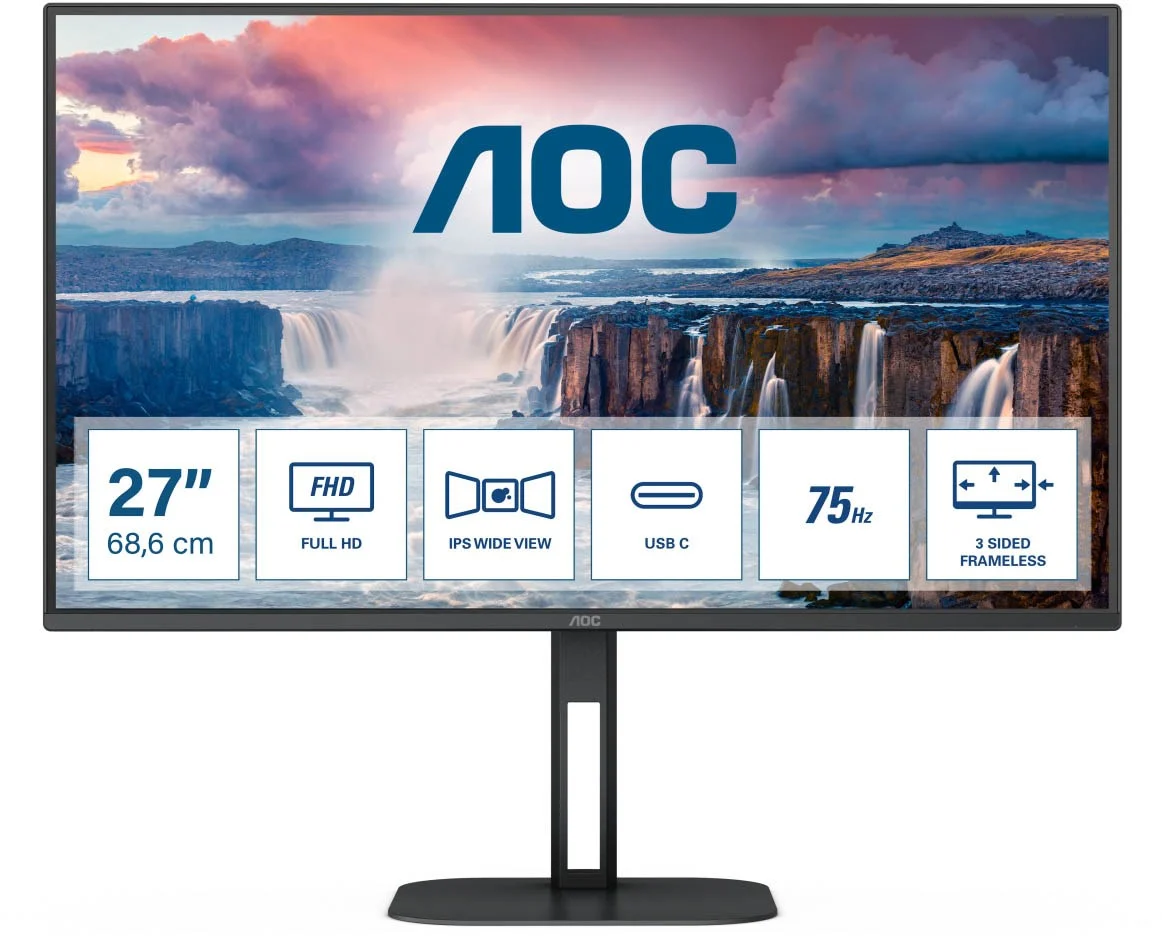Монитор 27" AOC 27V5CE/BK, Black, IPS, 1920x1080@75Hz, 300кд/м2, 1000:1, 4ms, USB, USB-C, HDMI
