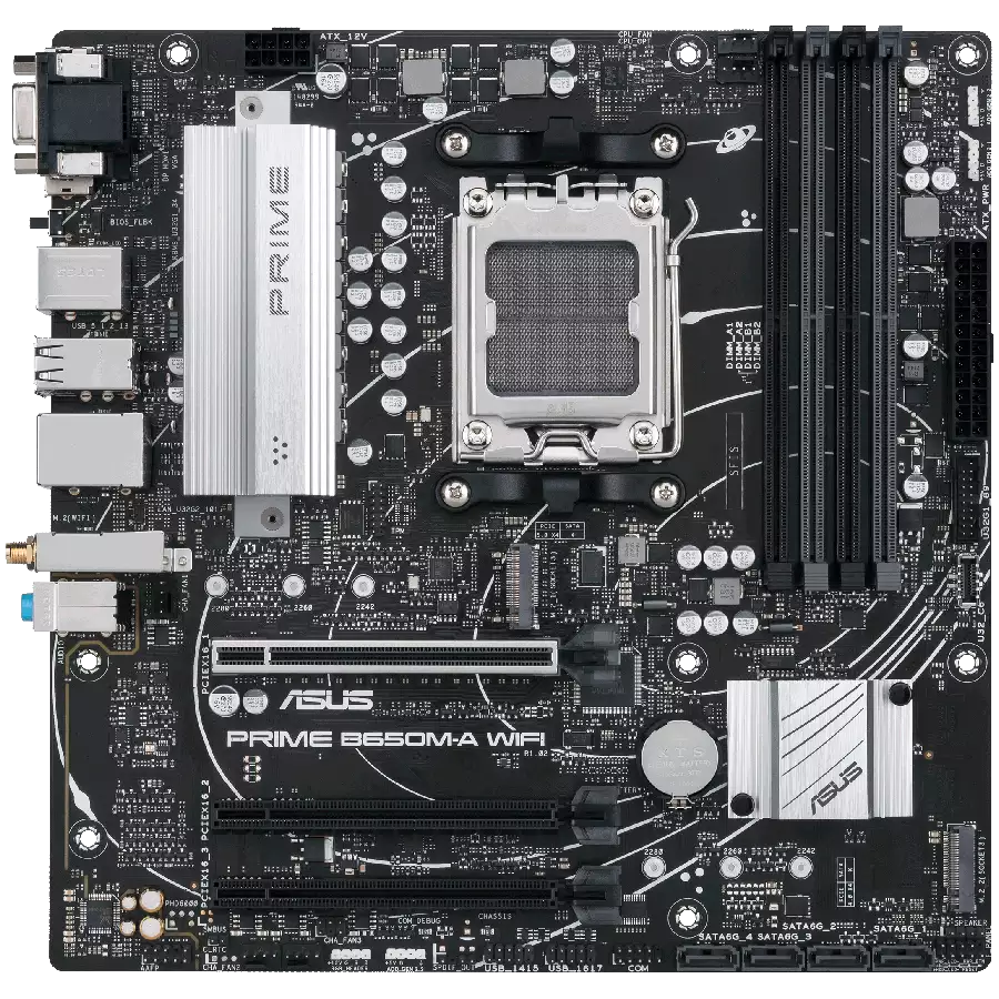 ASUS MB PRIME B650M-A WIFI II (B650 AM5 4 x DIMM DDR5 1 x DisplayPort 1 x VGA port 1 x HDMI port M.2 4 x SATA Wi-Fi 6 BT5.2 mATX)