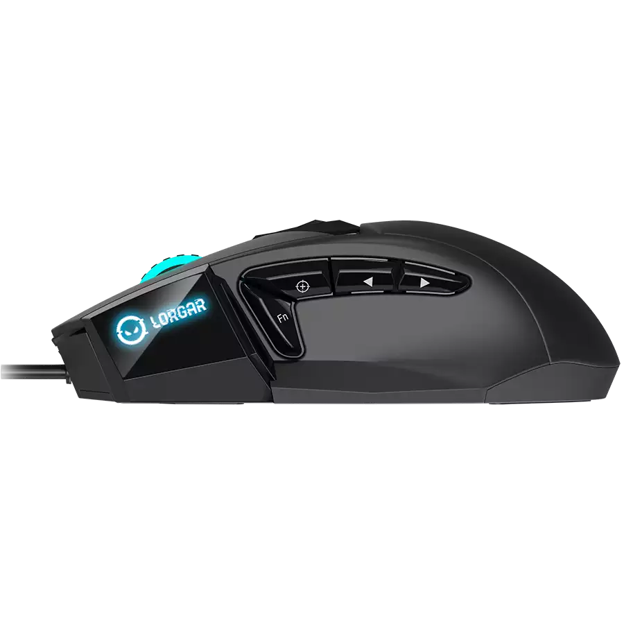 LORGAR Stricter 579, gaming mouse, 9 programmable buttons, Pixart PMW3336 sensor, DPI up to 12 000, 50 million clicks buttons lifespan, 2 switches, built-in display, 1.8m USB soft silicone cable, Matt UV coating with glossy parts and RGB lights with 4 LED