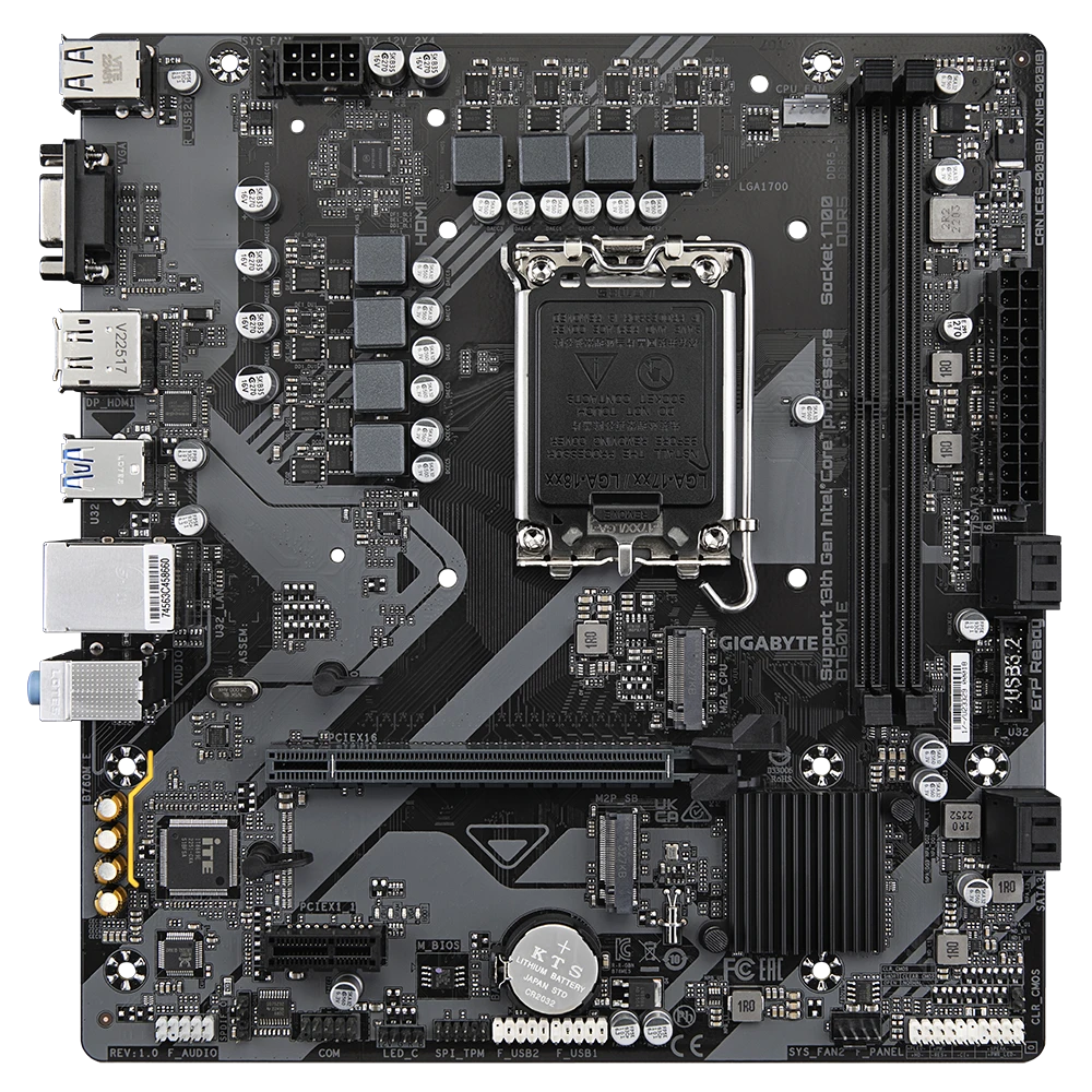 Матплата Gigabyte B760M E, iB760, S1700, mATX,2DDR-5,1xPCI-Ex16/1x1,4xSATA3,2xM.2,VGA,HDMI,DP,12USB