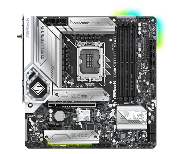 Матплата ASRock B760M Steel Legend WiFi,iB760,S1700,mATX,4DDR-5,1xPCI-Ex16,4SATA,3xM.2,HDMI,DP,15USB