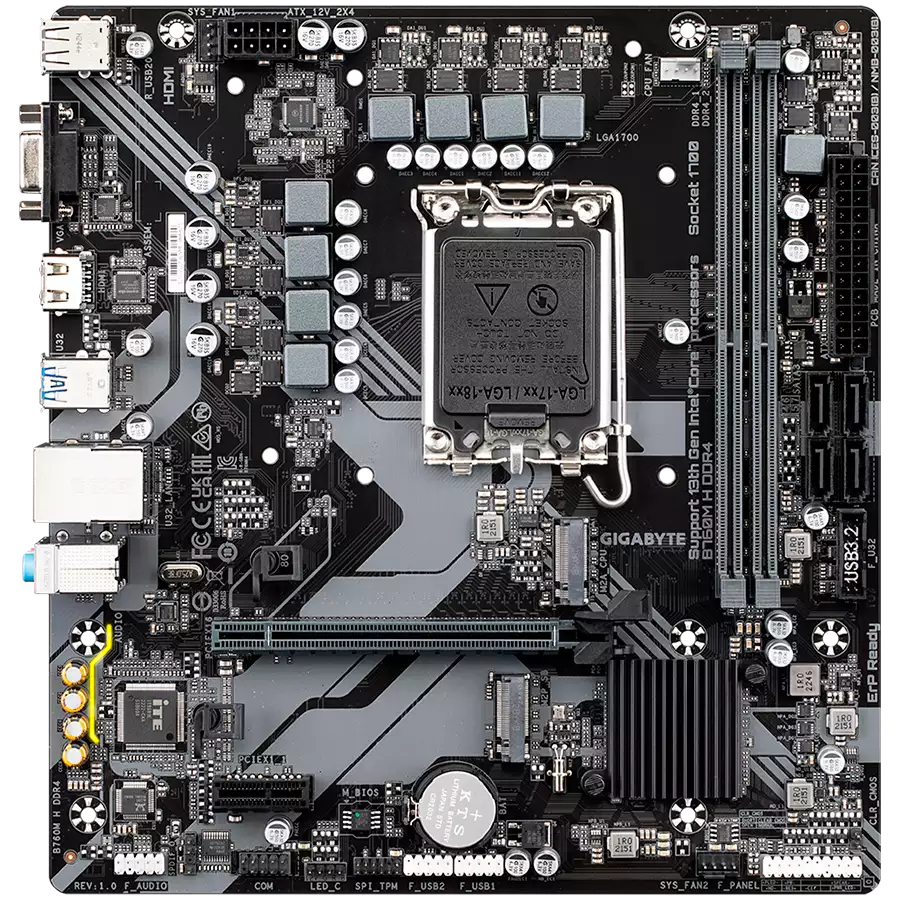 GIGABYTE Mainboard Desktop B760M H DDR4 (LGA1700, 2xDDR4, 1xDSub, 1xHDMI, GLAN, 1x PCI Express x16 PCIe 4.0, 1x PCI Express x1 PCIe 3.0, 2xM.2, 4 x SATAIII, 6x USB3.2 Gen1, 6x USB2.0/1.1) mATX