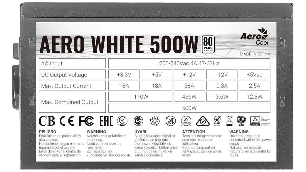 БП ATX 500W AeroCool Aero White, 20+4/24+4/24+8, 12cm, 2х6p/2х2p PCI-E