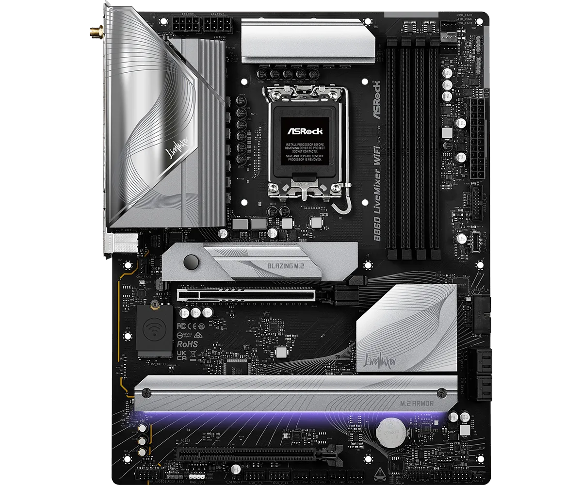 Материнская плата ASRock B860 LIVEMIXER WIFI LGA1851 4xDDR5 4xSATA 3xM.2 1xHDMI 1xThunderbolt4 1xPCIe5x16.0 1xPCIe4.0x16 Wi-Fi ATX
