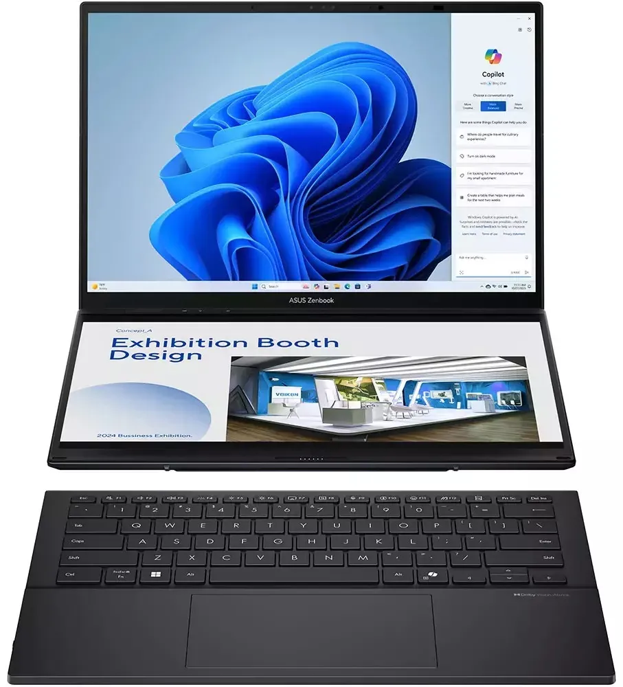 Ноутбук Asus/Zenbook Duo/UX8406CA-QL078W/1г/Core Ultra 9/285H/2,9 GHz/32 Gb/PCIe NVMe SSD/1000 Gb/No ODD/Graphics/Arc/256 Mb/14 ''/1920x1200/Windows 1