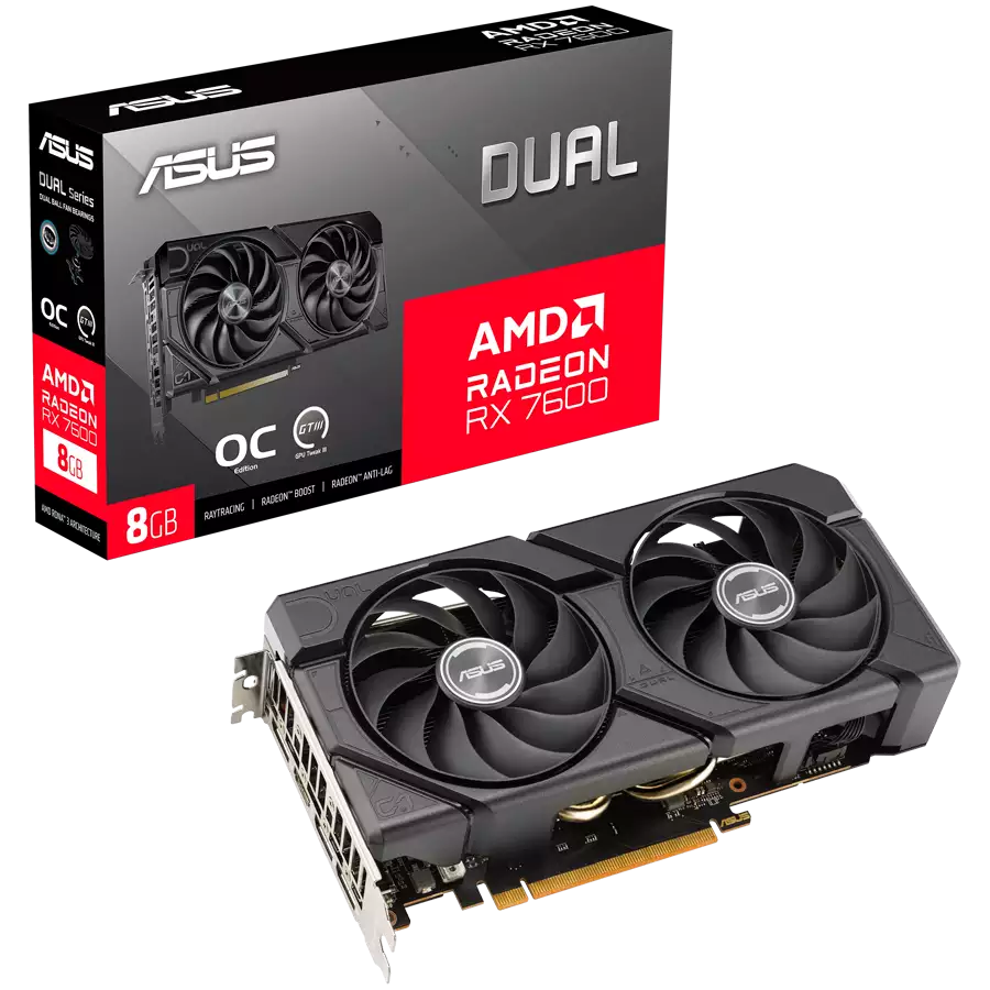 ASUS Video Card AMD Radeon RX 7600 8GB GDDR6 OC mode: up to 2715 MHz Default mode: up to 2695 MHz 128-bit Digital Max Resolution 7680 x 4320 Yes x 1 (Native HDMI 2.1)Yes x 3 (Native DisplayPort 1.4a)HDCP Support Yes (2.3)