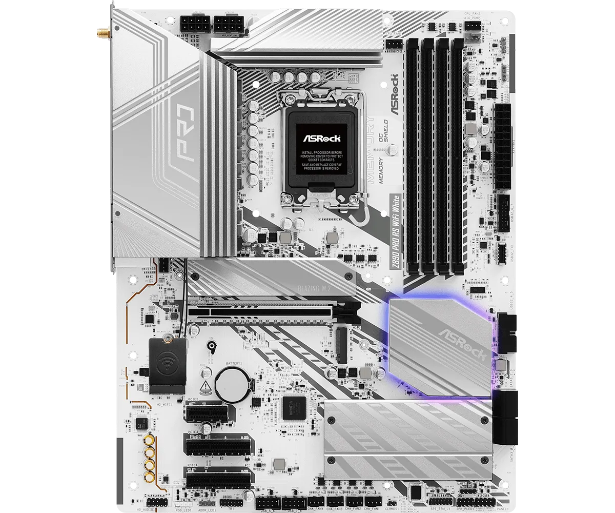 Матплата ASRock Z890 Pro RS WiFi White, iZ890, S1851,ATX,4DDR-5,1хPCI-Ex16,4SATA,5xM.2,HDMI,DP,24USB