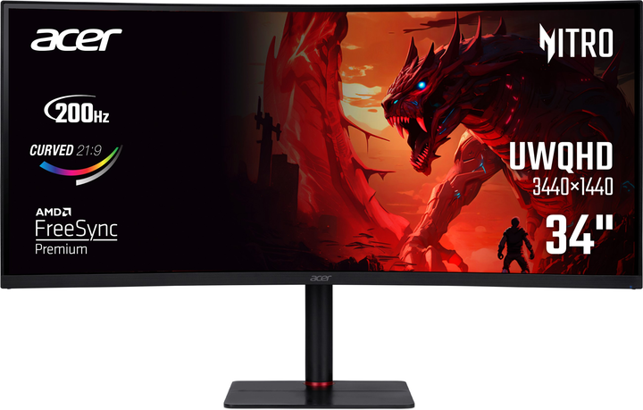 Монитор 34" Acer Nitro XV345CURX0bmiipphx Curved,Black,VA,3440x1440@200Hz,250кд/м,3000:1,2xDP,2xHDMI