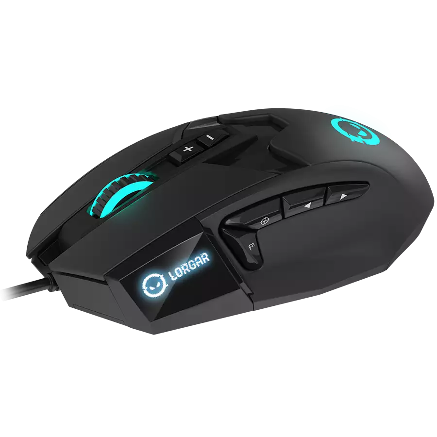 LORGAR Stricter 579, gaming mouse, 9 programmable buttons, Pixart PMW3336 sensor, DPI up to 12 000, 50 million clicks buttons lifespan, 2 switches, built-in display, 1.8m USB soft silicone cable, Matt UV coating with glossy parts and RGB lights with 4 LED