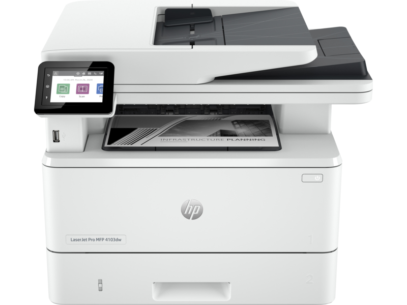МФУ HP 2Z627A LaserJet Pro MFP 4103dw Printer (A4) , Printer/Scanner/Copier/ADF, 1200 dpi, 40 ppm, 512 Mb, 1200 MHz, tray 100+250 pages, USB+Ethernet+WiFi, Print Duplex, Duty cycle 80K pages, cart. 3 050 page