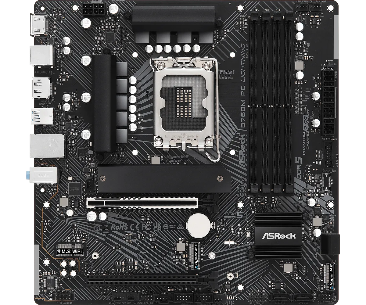 Матплата ASRock B760M PG Lighting, iB760, S1700, mATX, 4DDR-5, 2xPCI-Ex16, 4SATA,3xM.2,HDMI,DP,12USB