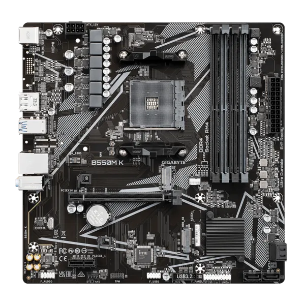 Матплата Gigabyte B550M K, AM4, mATX, 4DDR-4, 1xPCI-Ex16, 4SATA, 2xM.2, HDMI, DP, 12USB