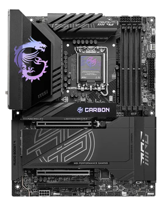 Материнская плата MSI MPG Z890 CARBON WIFI LGA1851 4xDDR5 4xSATA3 RAID 5xM.2 1xHDMI 10xUSB 2.5GLAN 5GLAN 10Gbps 2xThunderbolt4 Wi-Fi Bluetooth ATX
