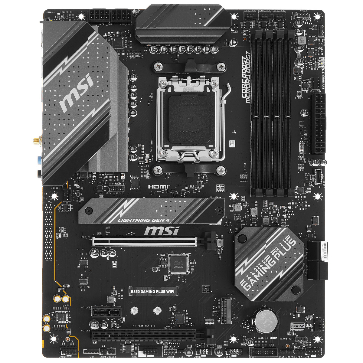 Матплата MSI B650 Gaming Plus WiFi, AM5, ATX, 4DDR-5, 2хPCI-Ex16, 4SATA, 3xM.2, HDMI, DP, 15USB