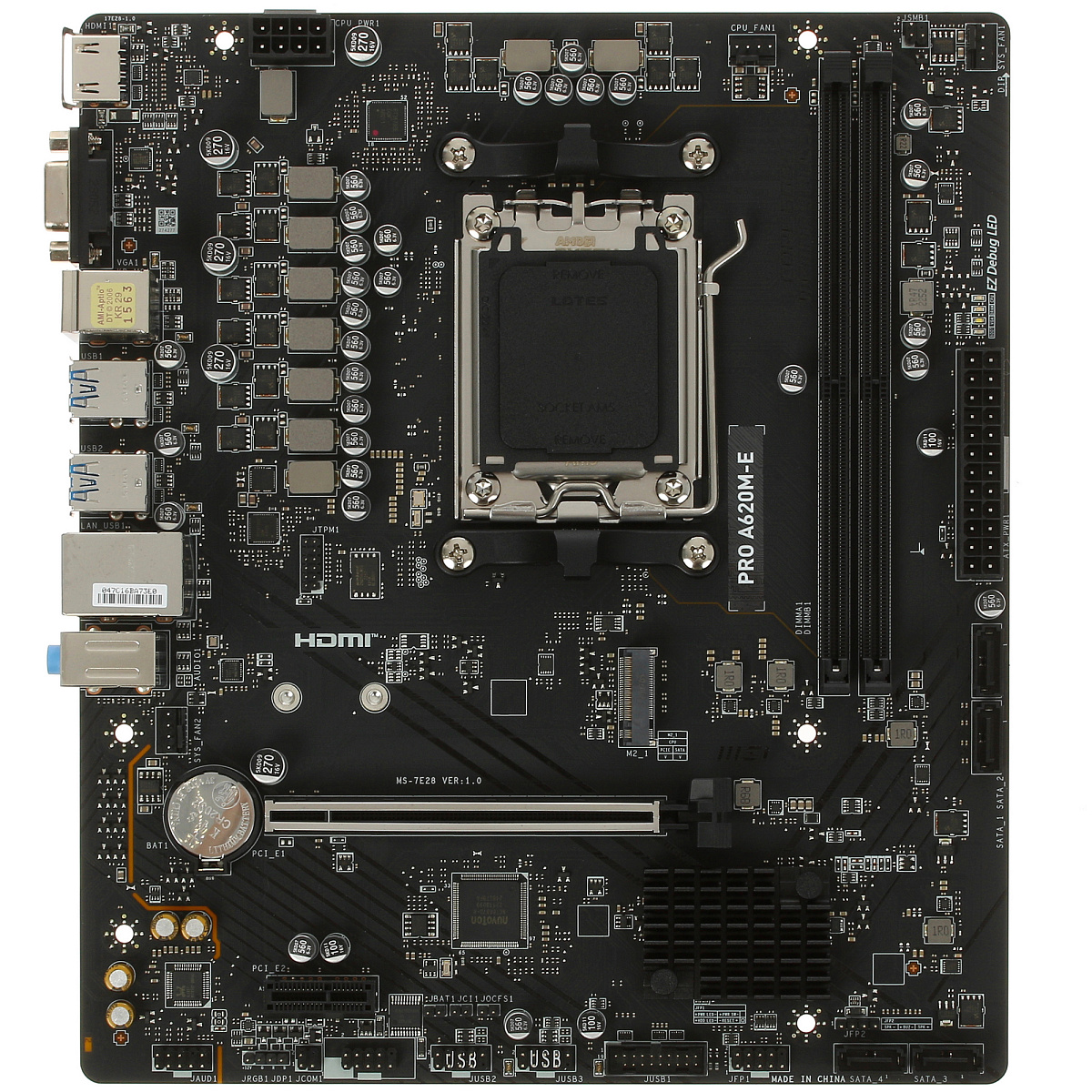 Матплата MSI PRO A620M-E, AM5, mATX, 2DDR-5, 1xPCI-Ex16, 4SATA, 1xM.2, HDMI, VGA, 12USB