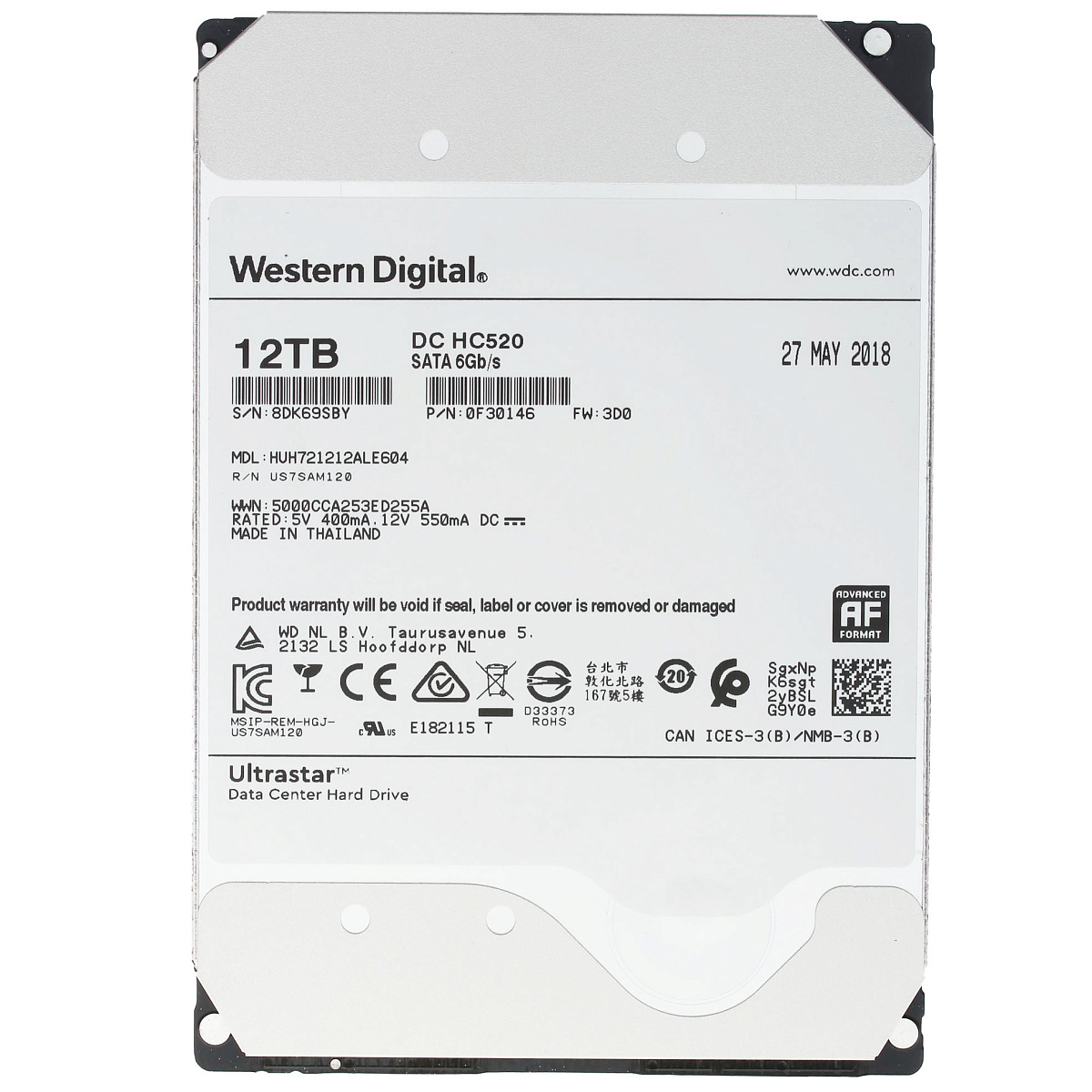 Western Digital Ultrastar DC HDD Server HE12 (3.5’’, 12TB, 256MB, 7200 RPM, SATA 6Gb/s, 512E SE) SKU: 0F30146