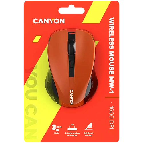 CNE-CMSW1O CANYON мышь, цвет - оранжевый, беспроводная 2.4 Гц, DPI 800/1000/1200 DPI, 3 кнопки и колесо прокрутки, прорезиненное покрытие