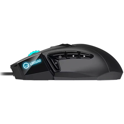 LORGAR Stricter 579, gaming mouse, 9 programmable buttons, Pixart PMW3336 sensor, DPI up to 12 000, 50 million clicks buttons lifespan, 2 switches, built-in display, 1.8m USB soft silicone cable, Matt UV coating with glossy parts and RGB lights with 4 LED