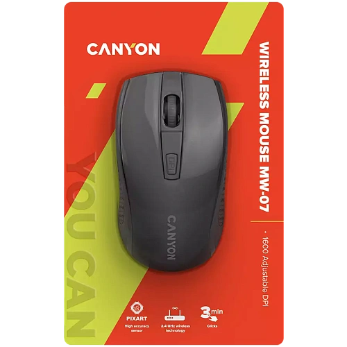 CANYON MW-7, 2.4Ghz wireless mouse, 6 buttons, DPI 800/1200/1600, with 1 AA battery ,size 110*60*37mm,58g,black