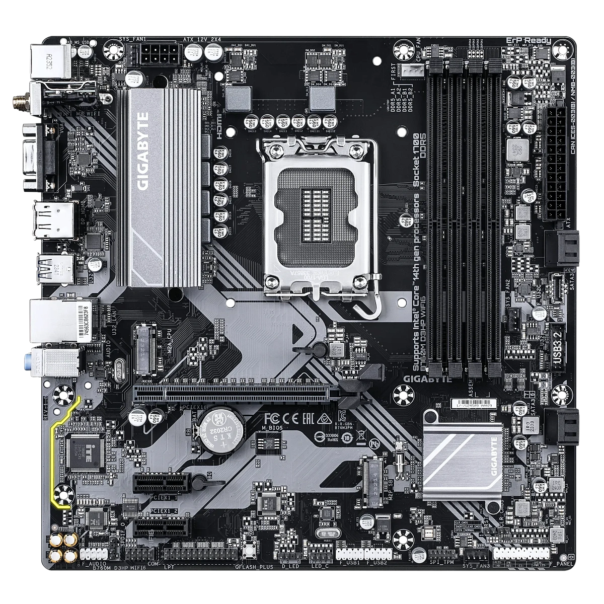 Матплата Gigabyte B760M D3HP WiFi6, iB760, S1700, mATX, 4DDR-5, 1xPCI-Ex16, 2xM.2, VGA,HDMI,DP,12USB