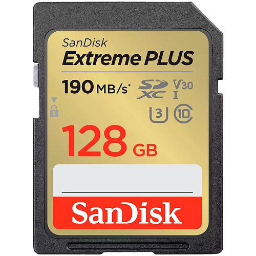 SanDisk Extreme PLUS 128GB SDXC Memory Card + 2 years RescuePRO Deluxe up to 190MB/s & 90MB/s Read/Write speeds, UHS-I, Class 10, U3, V30