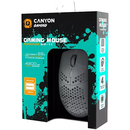 CANYON Puncher GM-11, Gaming Mouse with 7 programmable buttons, Pixart 3519 optical sensor, 4 levels of DPI and up to 4200, 5 million times key life, 1.65m Ultraweave cable, UPE feet and colorful RGB lights, White, size:128.5x67x37.5mm, 105g