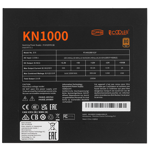 Блок питания PCCooler KN1000, 1000W, Full Modular, 80PLUS GOLD, Fan 120mm, Черный, KN1000
