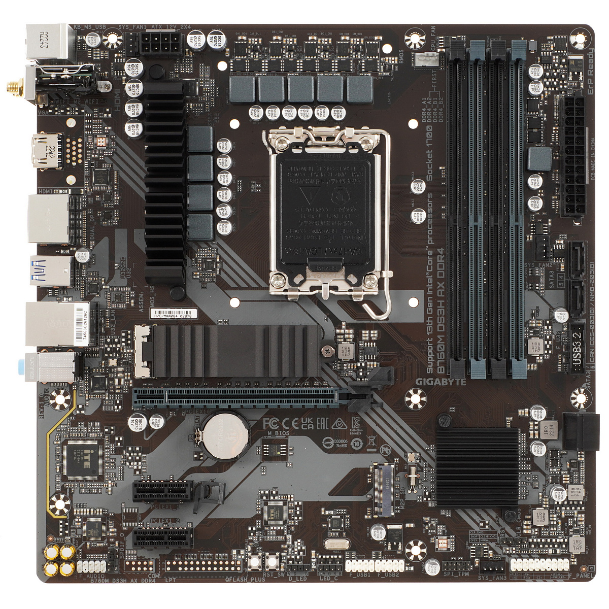 Матплата Gigabyte B760M DS3H AX DDR4, iB760,S1700,mATX,4DDR-4,1xPCI-Ex16,4SATA,2xM.2,HDMI,2xDP,12USB