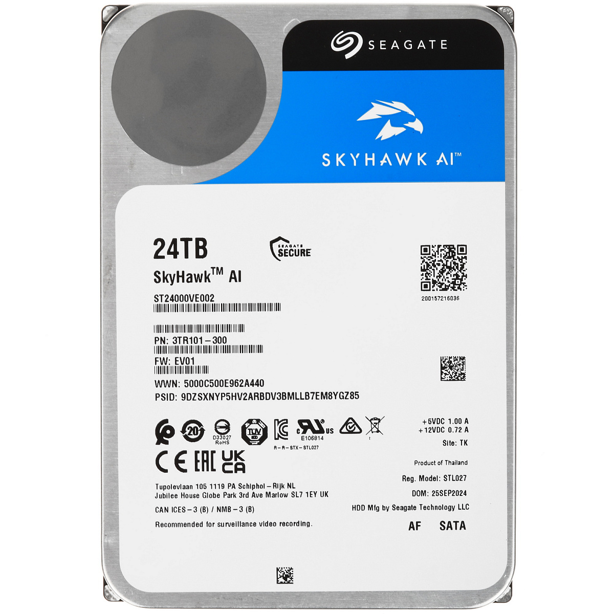 Жесткий диск для видеонаблюдения с искусственным интеллектом 24Tb Seagate SkyHawk AI Survelilance SATA3 3.5" 512Mb 7200rpm ST24000VE002