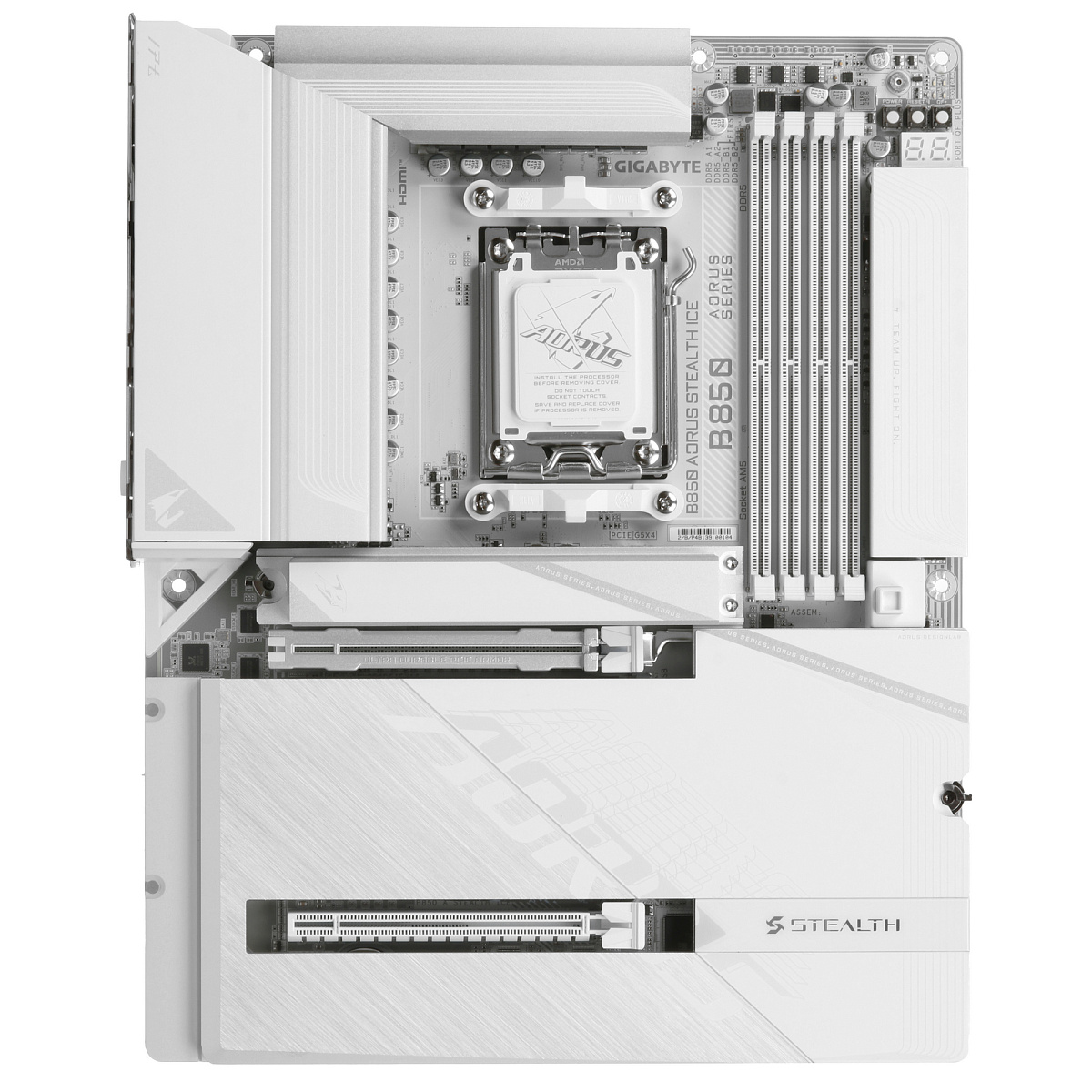 Матплата Gigabyte B850 Aorus Stealth Ice, AM5, ATX, 4DDR-5, 2xPCI-Ex16, 2SATA, 4xM.2, HDMI, 18USB