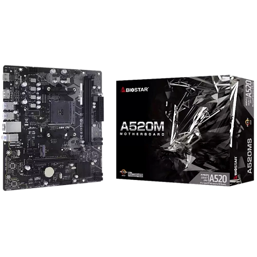 BIOSTAR MB AM4 A520 2-DIMM DDR4 4 x SATA III 1 x M.2 1 x DP Port 1 x HDMI Port 1 x LAN port 	Micro ATX