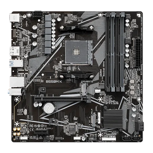 Матплата Gigabyte B550M K, AM4, mATX, 4DDR-4, 1xPCI-Ex16, 4SATA, 2xM.2, HDMI, DP, 12USB