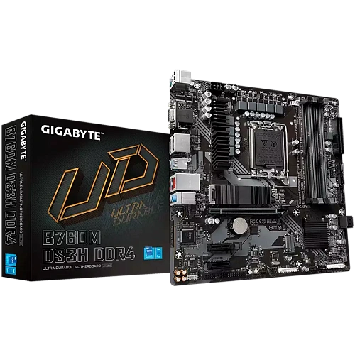 GIGABYTE Mainboard Desktop B760M DS3H DDR4 (LGA1700, 4x DDR4, 1xD-Sub, 1xHDMI, 2xDP, 2.5GLAN, 1x PCI Express x16 4.0, 2x PCI Express x1 3.0, 2xM.2, 4xSATA3, 1x USB Type-C, 5x USB 3.2 Gen1, 6x USB 2.0/1.1) mATX